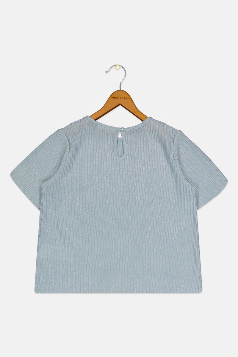 guppy Kids Girl Metallic Short Sleeve Top, Dusty Blue - Image 3